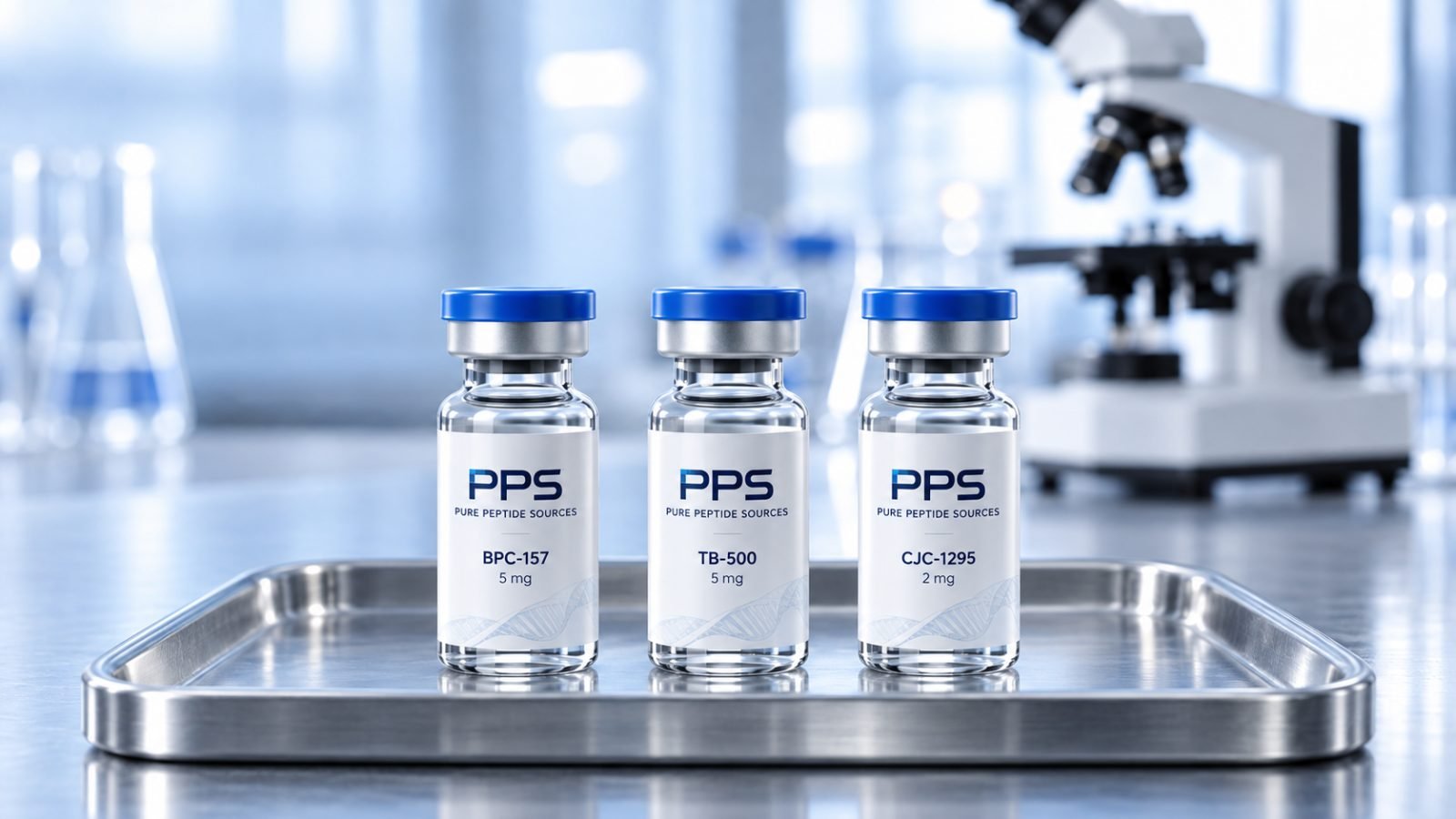 Three Pure Peptide Sources vials labelled BPC-157 5 mg, TB-500 5 mg and CJC-1295 2 mg, standing on a stainless steel instrument tray.