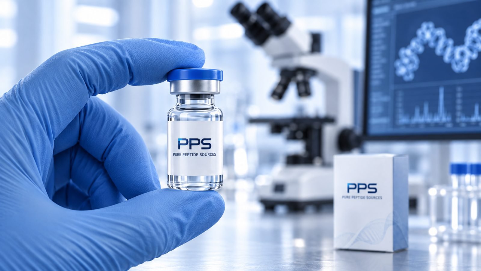 A gloved hand holding a sealed Pure Peptide Sources vial, with a microscope and a chromatography trace on screen behind.