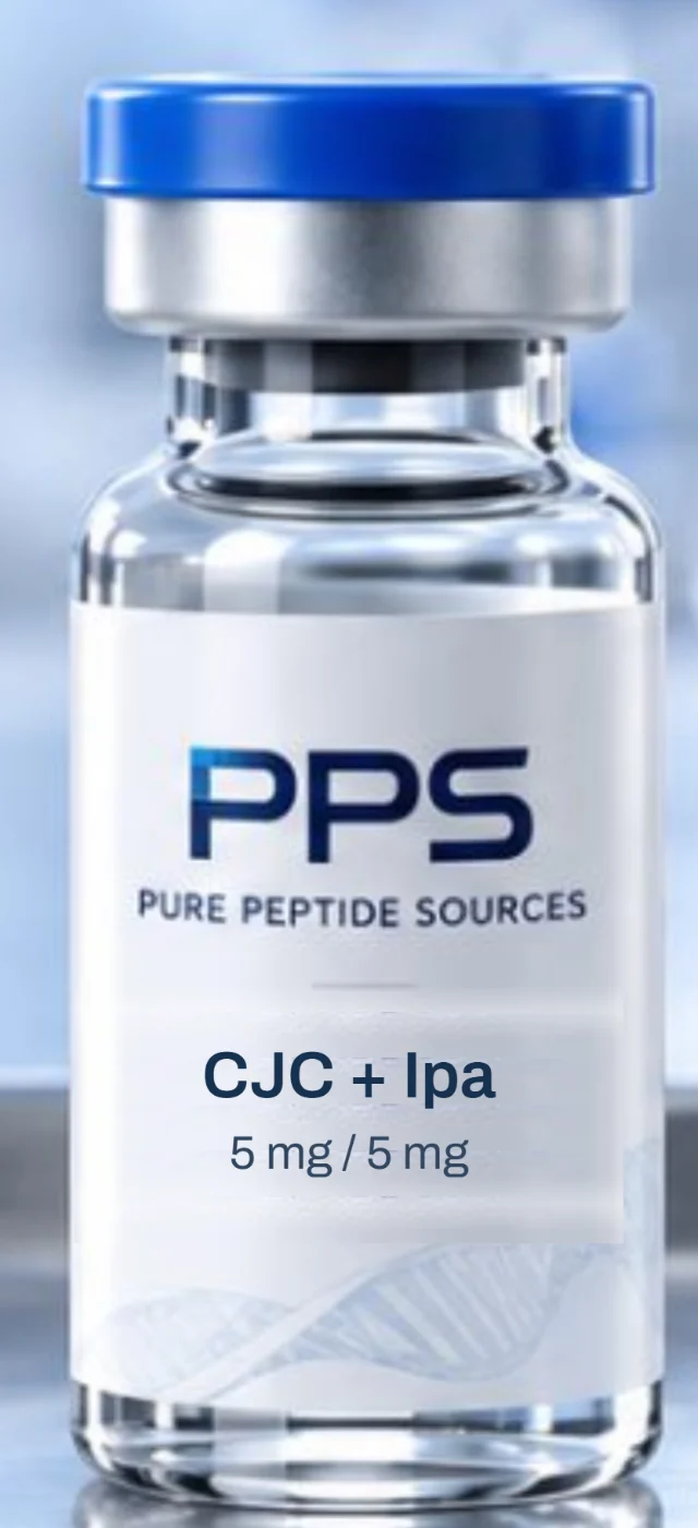 CJC-1295 and Ipamorelin Blend 5 mg / 5 mg in a glass vial with a Pure Peptide Sources label