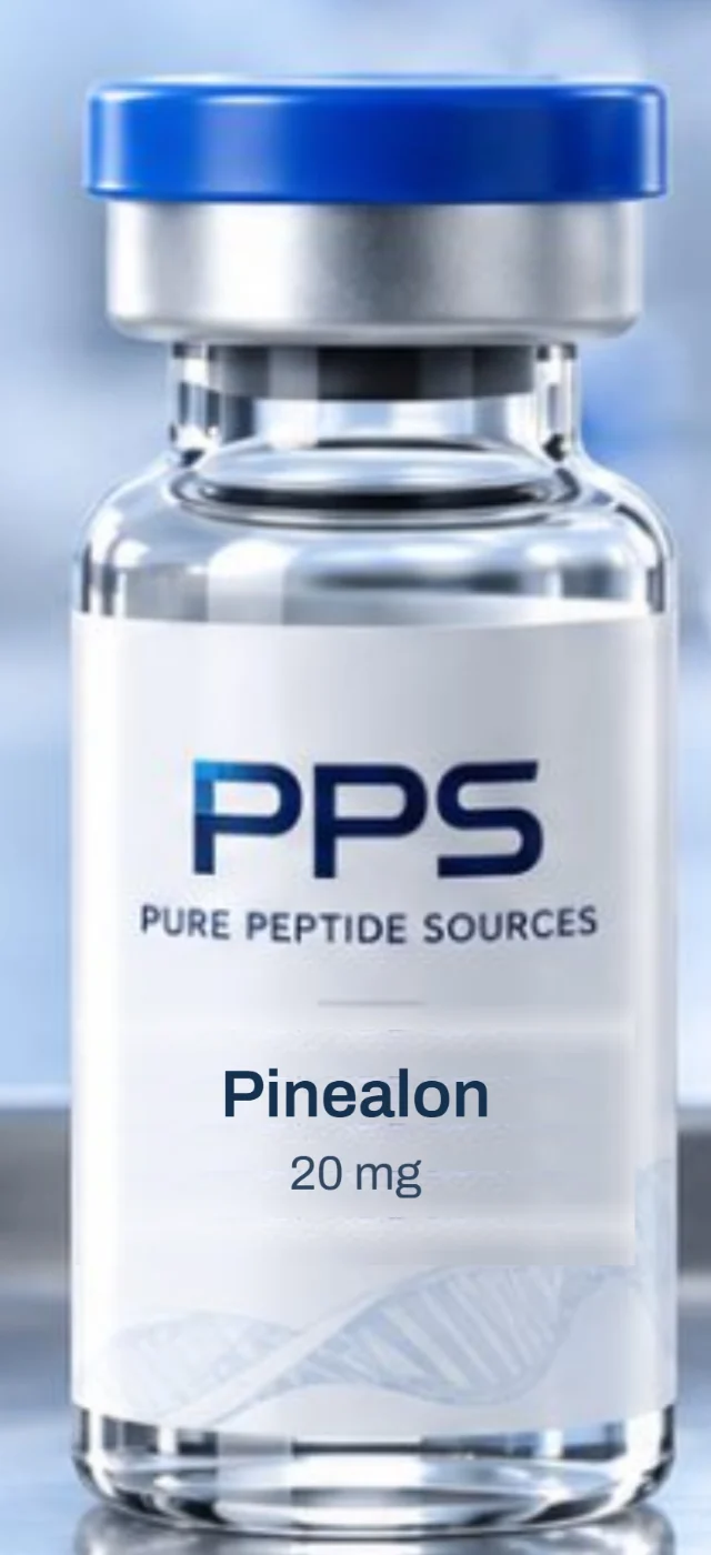 Pinealon 20 mg in a glass vial with a Pure Peptide Sources label
