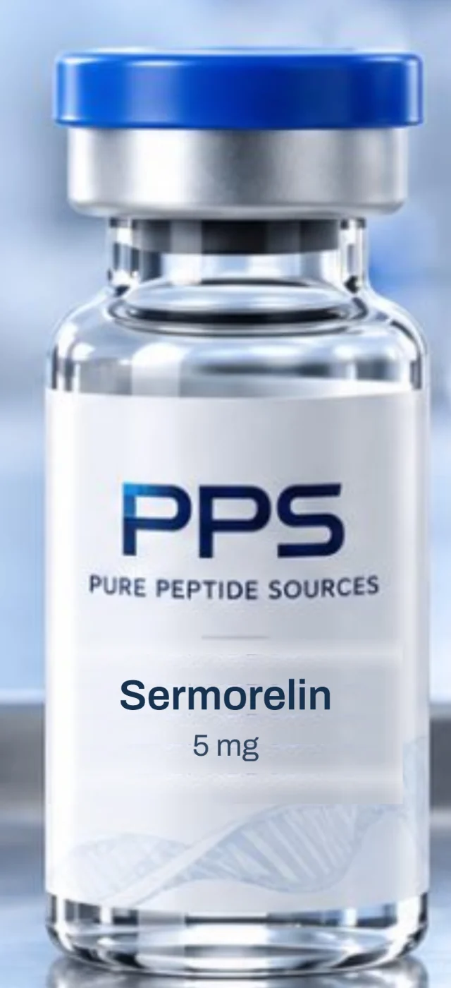 Sermorelin GRF 1-29 5 mg in a glass vial with a Pure Peptide Sources label